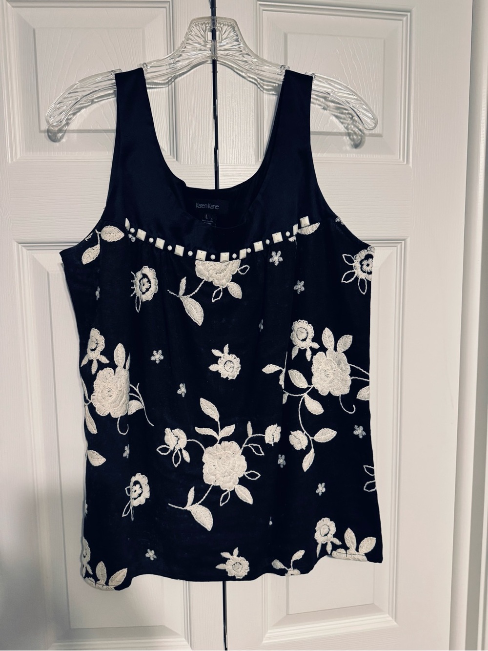 Karen Kane Black Tank with White Floral Embroidery and Bead Trim